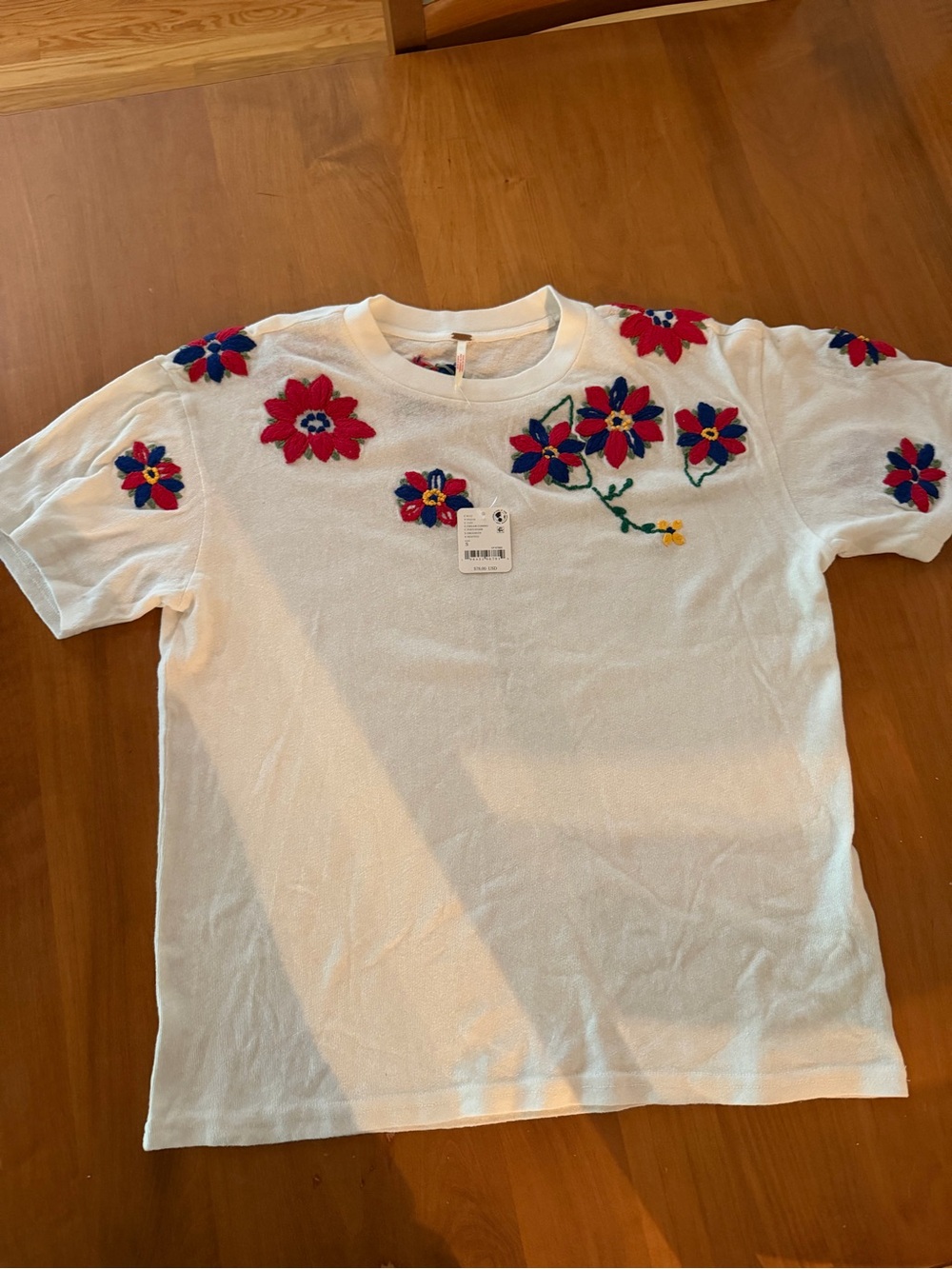 Beautiful Free People cream Tee with Red & Blue Floral Embroidery